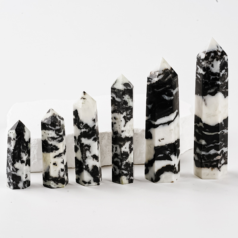 Black Zebra Jasper Single Pointed Hexagonal Prism Beads Ornament 206SP1492 Handmade Craved Gemstone