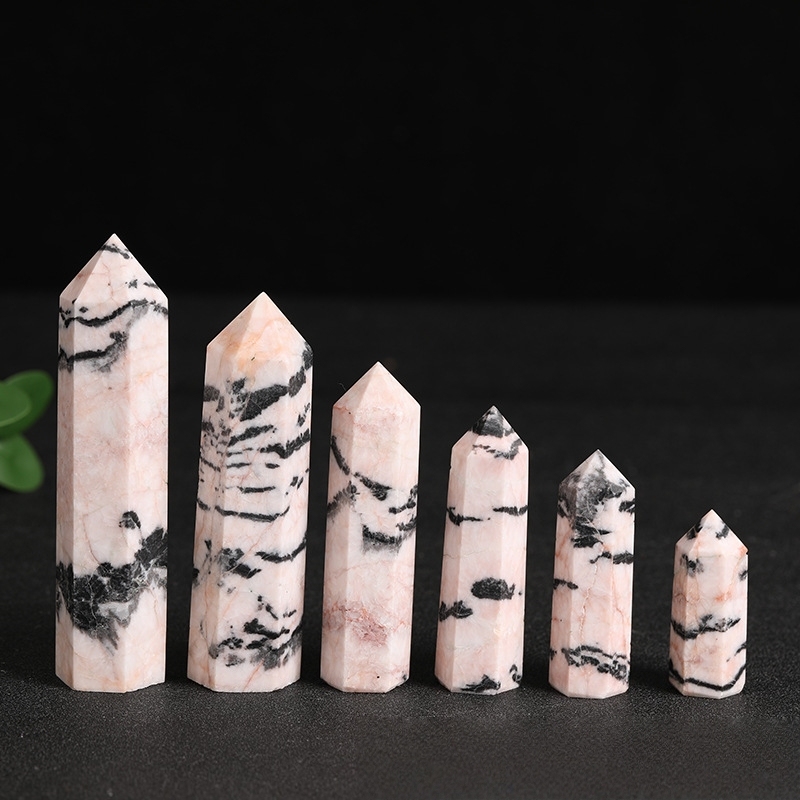 Pink Zebra Jasper Single Pointed Hexagonal Prism Beads Ornament 206SP1492 Handmade Craved Gemstone