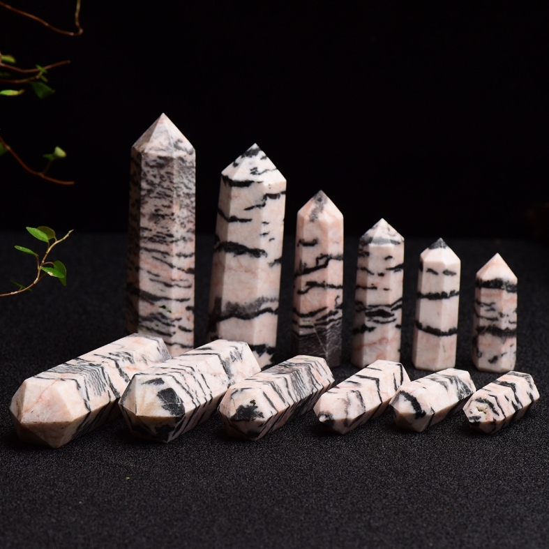Pink Zebra Jasper Single Pointed Hexagonal Prism Beads Ornament 206SP1492 Handmade Craved Gemstone