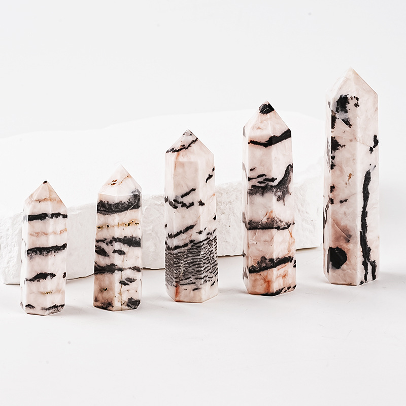 Pink Zebra Jasper Single Pointed Hexagonal Prism Beads Ornament 206SP1492 Handmade Craved Gemstone