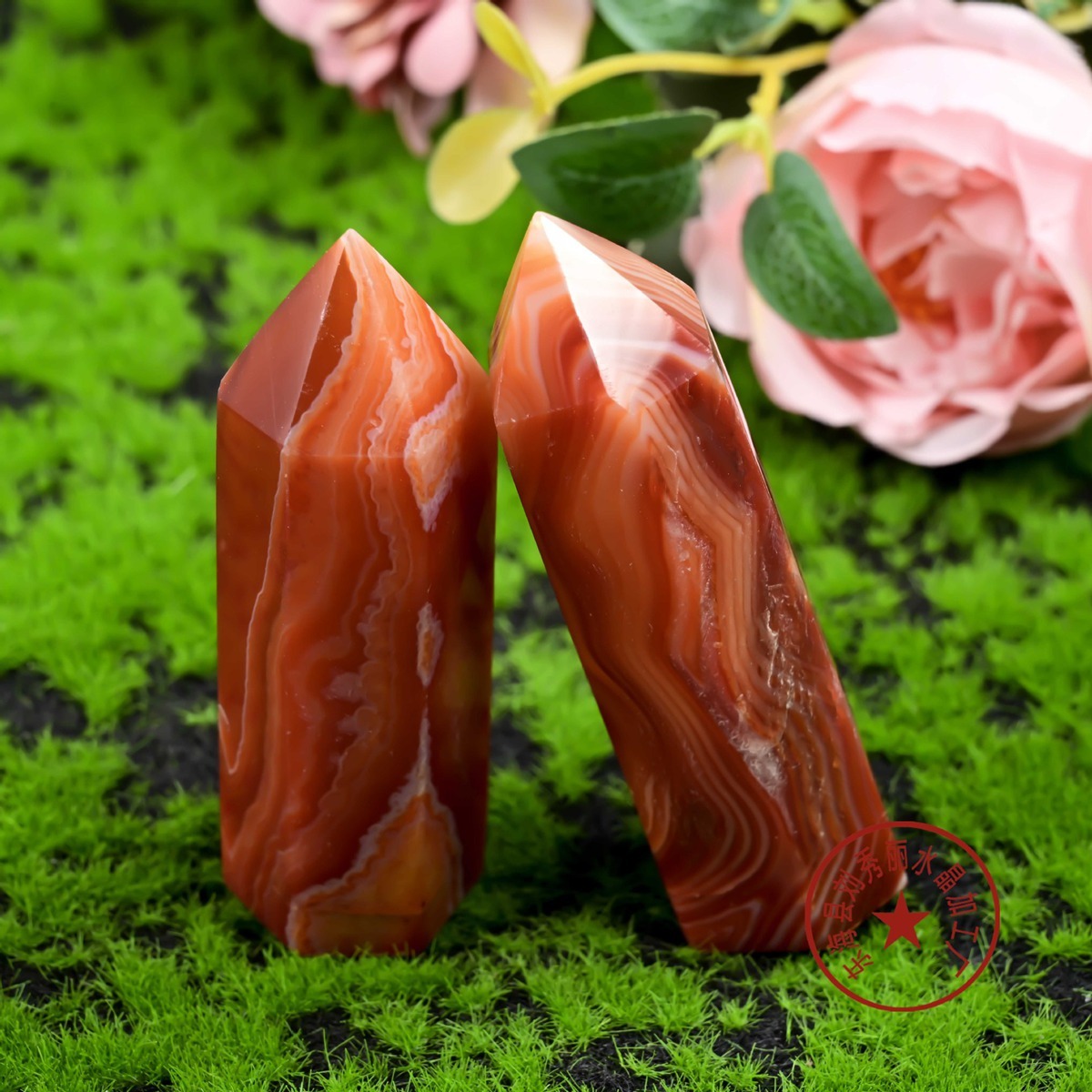 Striped Red Agate Single Pointed Hexagonal Prism Beads Ornament