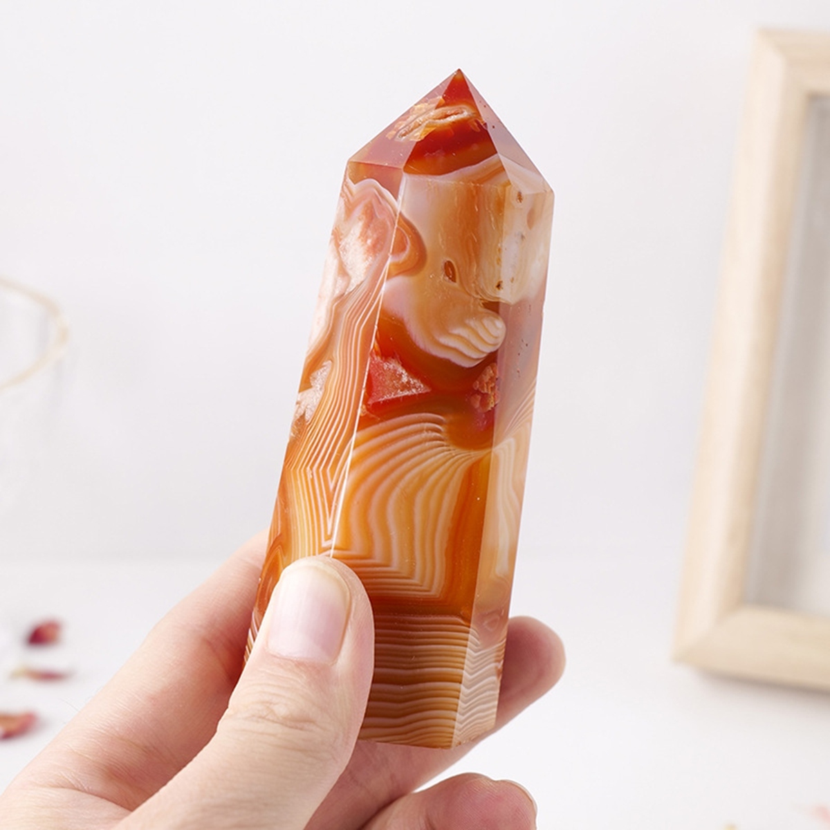 Striped Red Agate Single Pointed Hexagonal Prism Beads Ornament