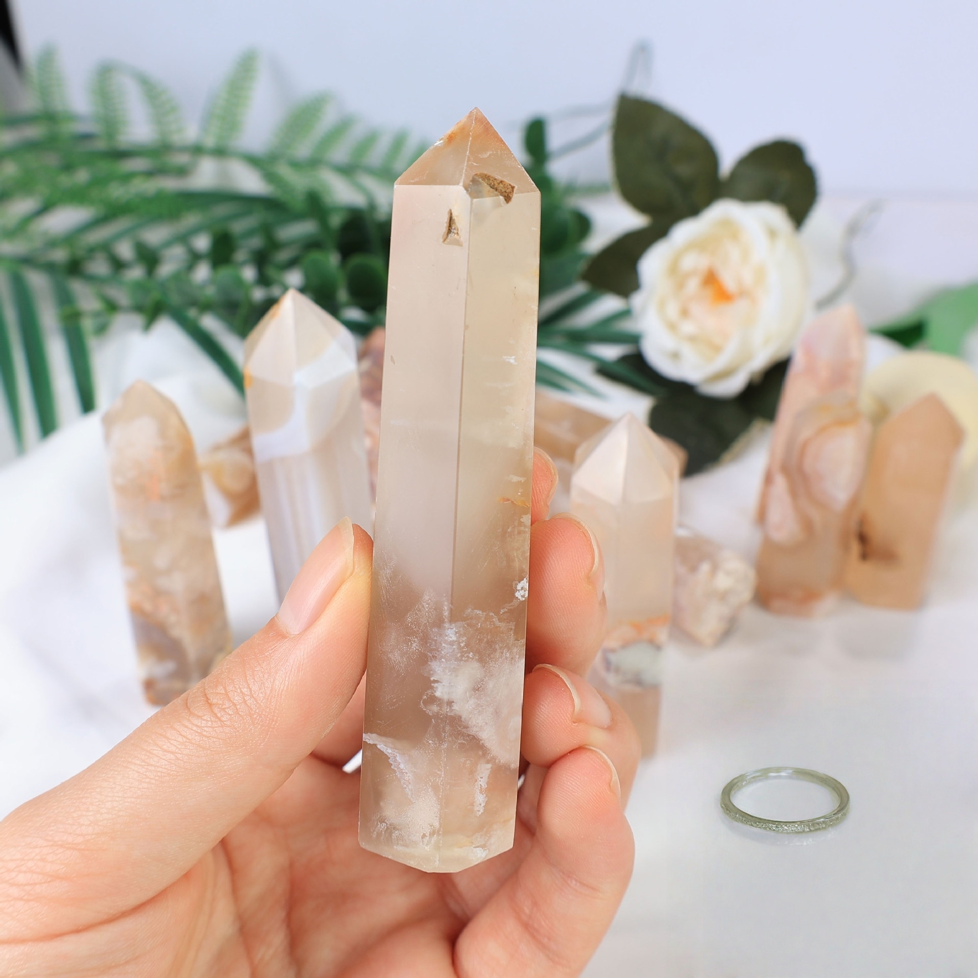 Sakura Agate Single Pointed Hexagonal Prism Beads Ornament