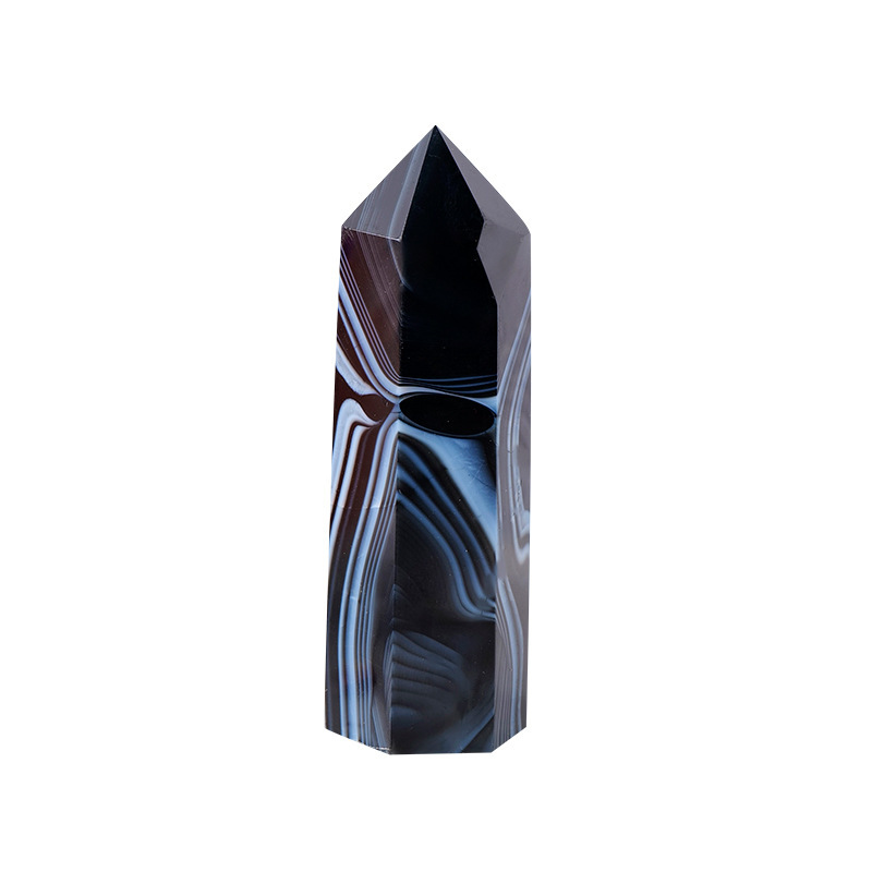 Striped Black Agate Single Pointed Hexagonal Prism Beads Ornament