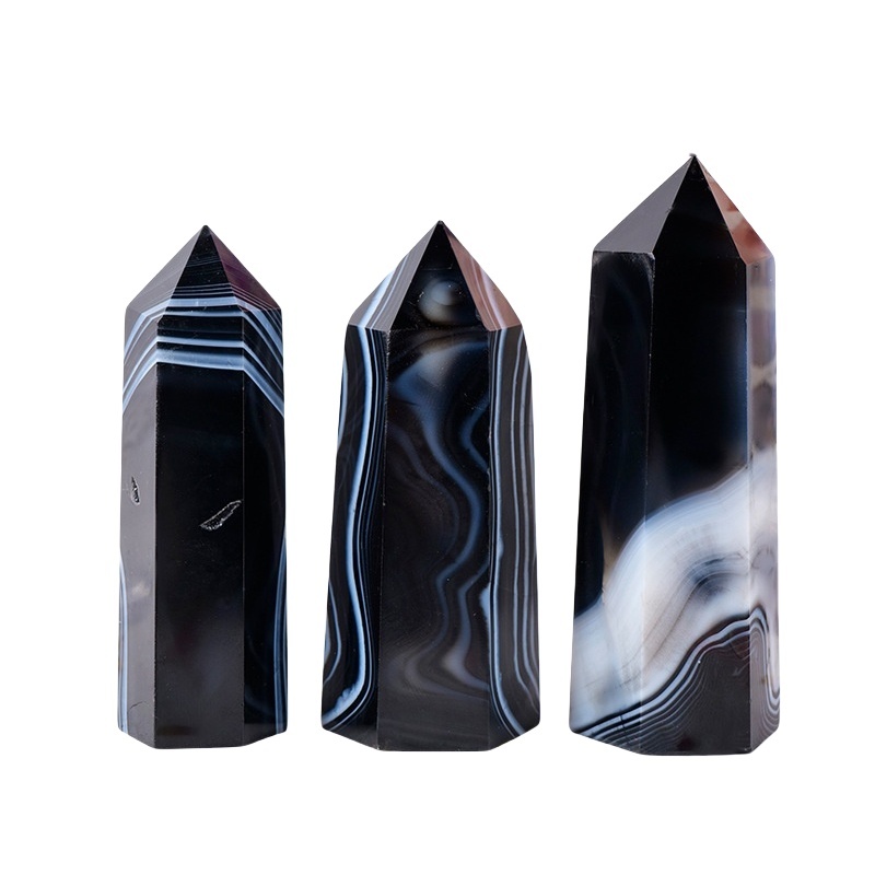 Striped Black Agate Single Pointed Hexagonal Prism Beads Ornament