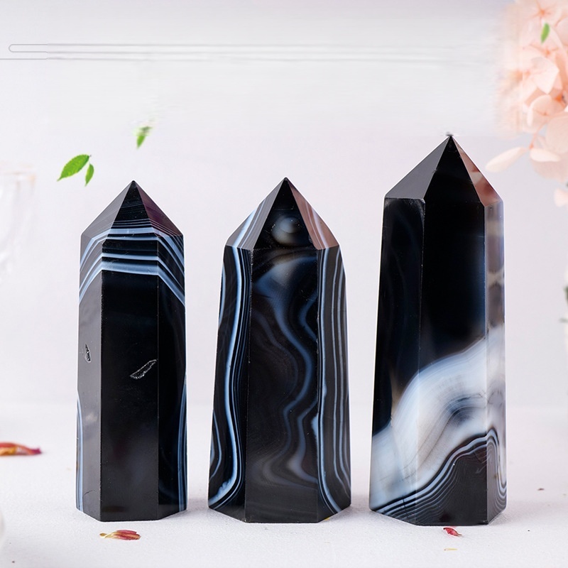 Striped Black Agate Single Pointed Hexagonal Prism Beads Ornament