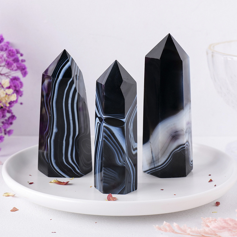 Striped Black Agate Single Pointed Hexagonal Prism Beads Ornament
