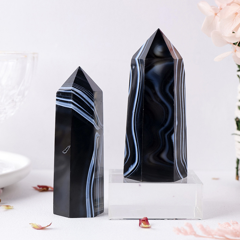 Striped Black Agate Single Pointed Hexagonal Prism Beads Ornament