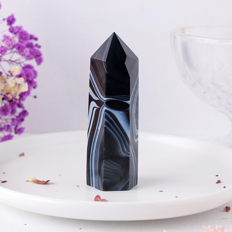 Striped Black Agate Single Pointed Hexagonal Prism Beads Ornament