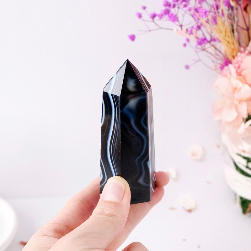 Striped Black Agate Single Pointed Hexagonal Prism Beads Ornament