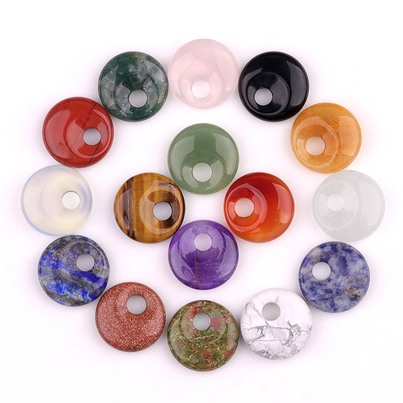 20MM Round Disc Lucky Coin Pingan Pendant for Jewelry Making Polished Crystal Amulet Peace Circle Donut Stone Beads 5MM Side Hole