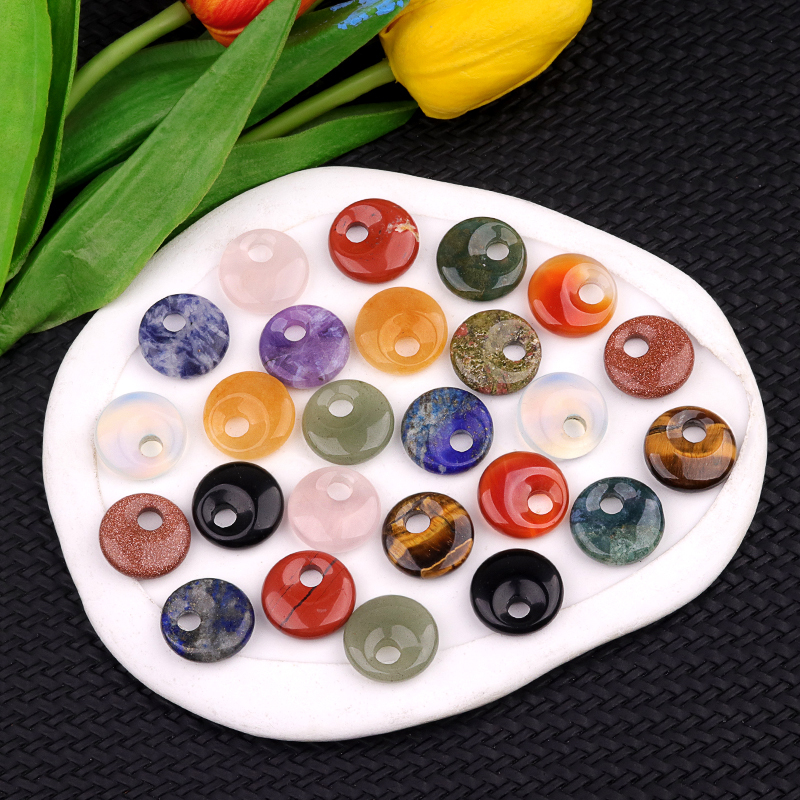 20MM Round Disc Lucky Coin Pingan Pendant for Jewelry Making Polished Crystal Amulet Peace Circle Donut Stone Beads 5MM Side Hole