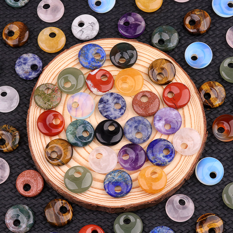 20MM Round Disc Lucky Coin Pingan Pendant for Jewelry Making Polished Crystal Amulet Peace Circle Donut Stone Beads 5MM Side Hole