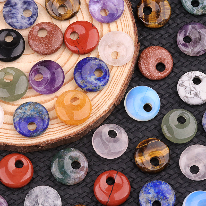 20MM Round Disc Lucky Coin Pingan Pendant for Jewelry Making Polished Crystal Amulet Peace Circle Donut Stone Beads 5MM Side Hole