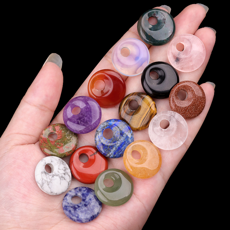 20MM Round Disc Lucky Coin Pingan Pendant for Jewelry Making Polished Crystal Amulet Peace Circle Donut Stone Beads 5MM Side Hole
