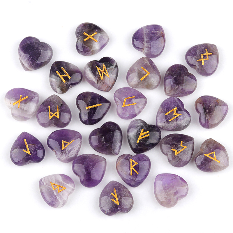20MM Heart Runes Set of 25 Engraved Rune Stones with Guide Book Velvet Bag for Beginners,Witchcraft/Divination/Meditation/Spiritual