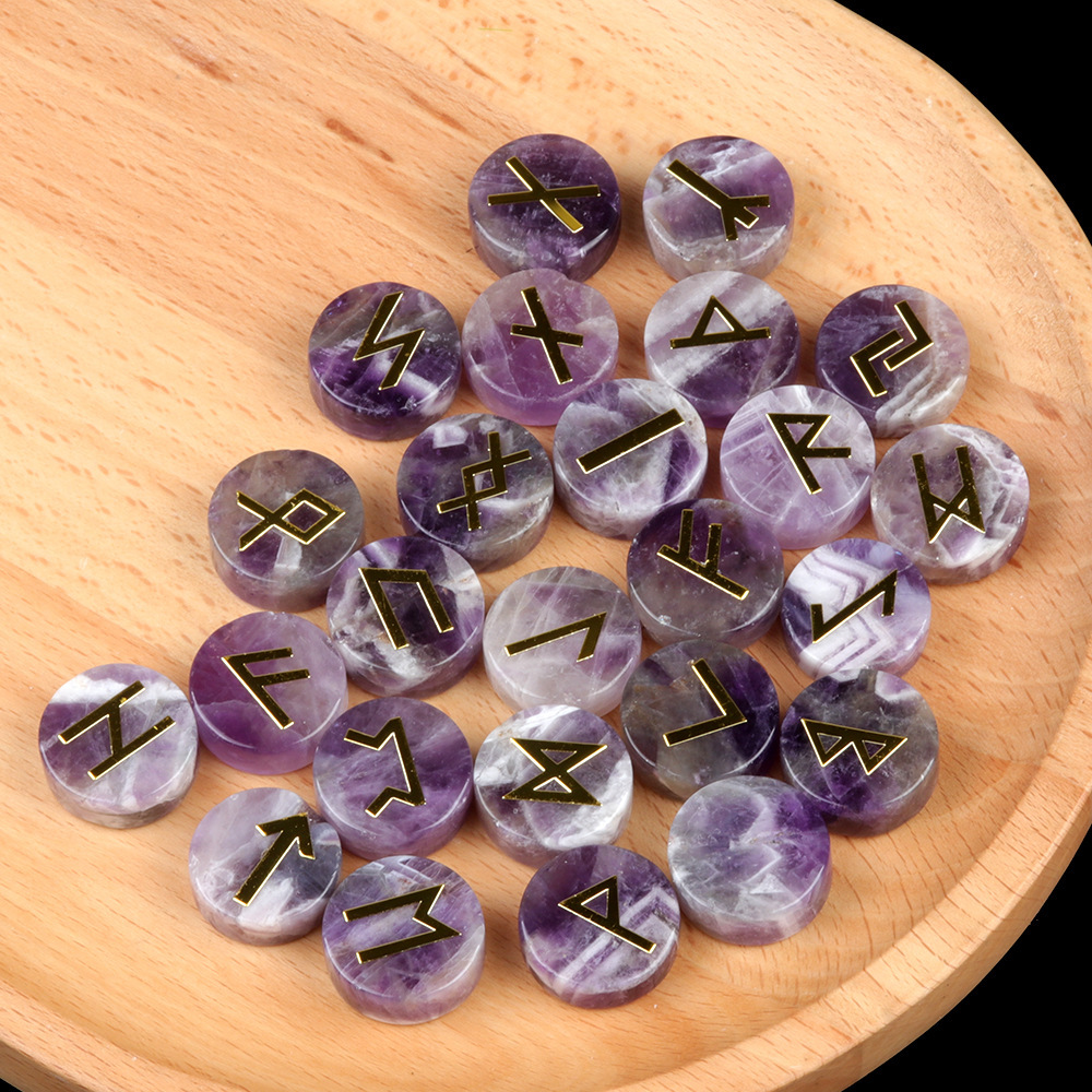 18mm Disc Runes Set of 25 Engraved Rune Stones with Guide Book Velvet Bag for Beginners,Witchcraft/Divination/Meditation/Spiritual