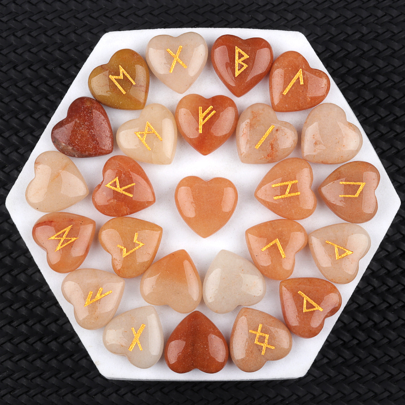 20MM Heart Runes Set of 25 Engraved Rune Stones with Guide Book Velvet Bag for Beginners,Witchcraft/Divination/Meditation/Spiritual