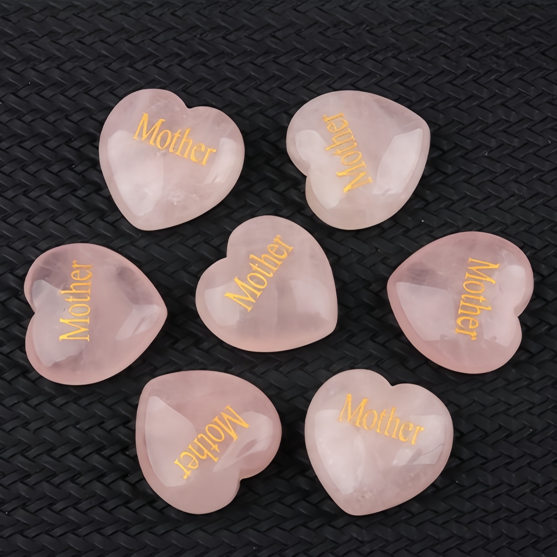 30MM Rose Quartz Heart Ornament Engraved Words kinship-Father,Grandfather,Mother,Grandmother,Uncle, Aunt,Mother,Father
