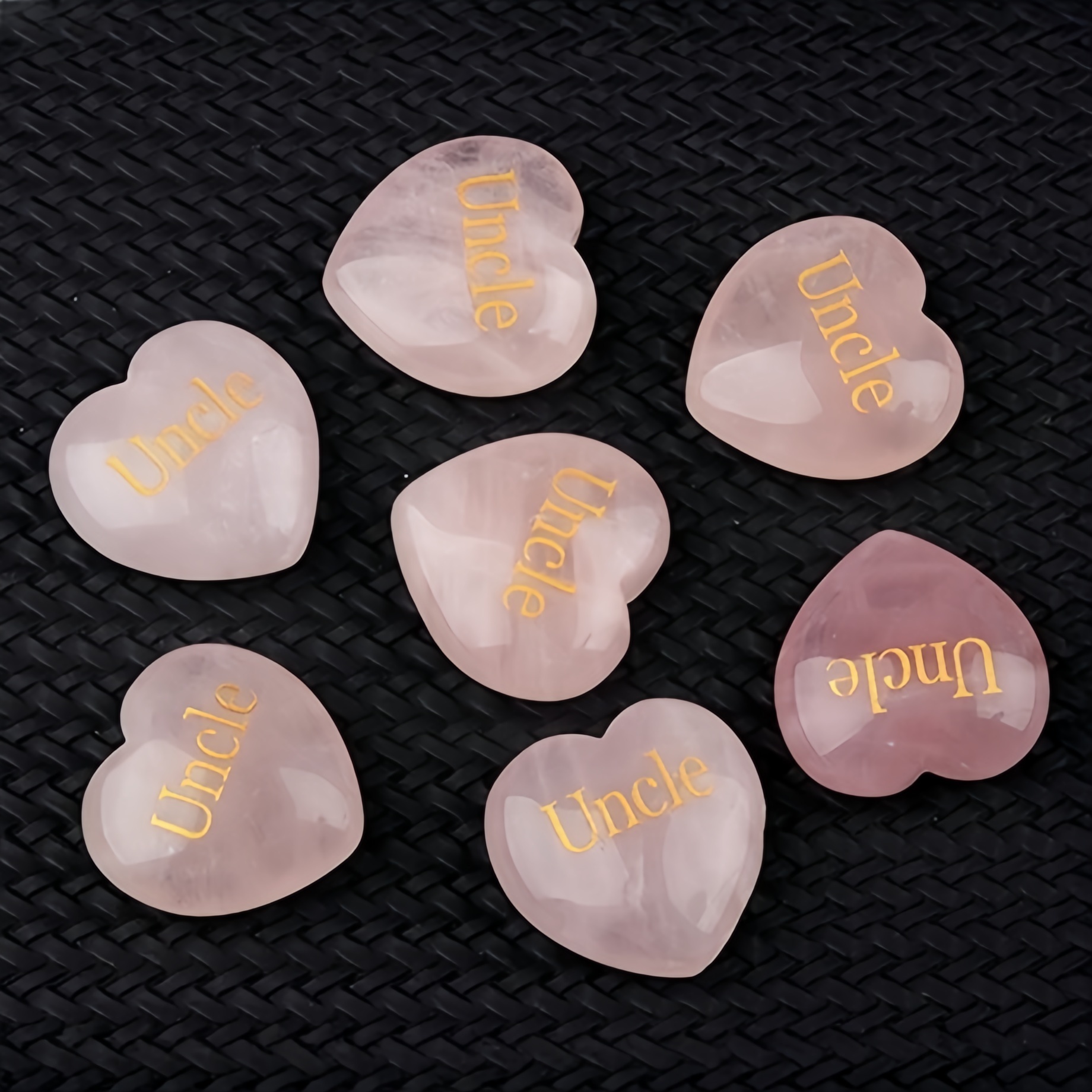 30MM Rose Quartz Heart Ornament Engraved Words kinship-Father,Grandfather,Mother,Grandmother,Uncle, Aunt,Mother,Father