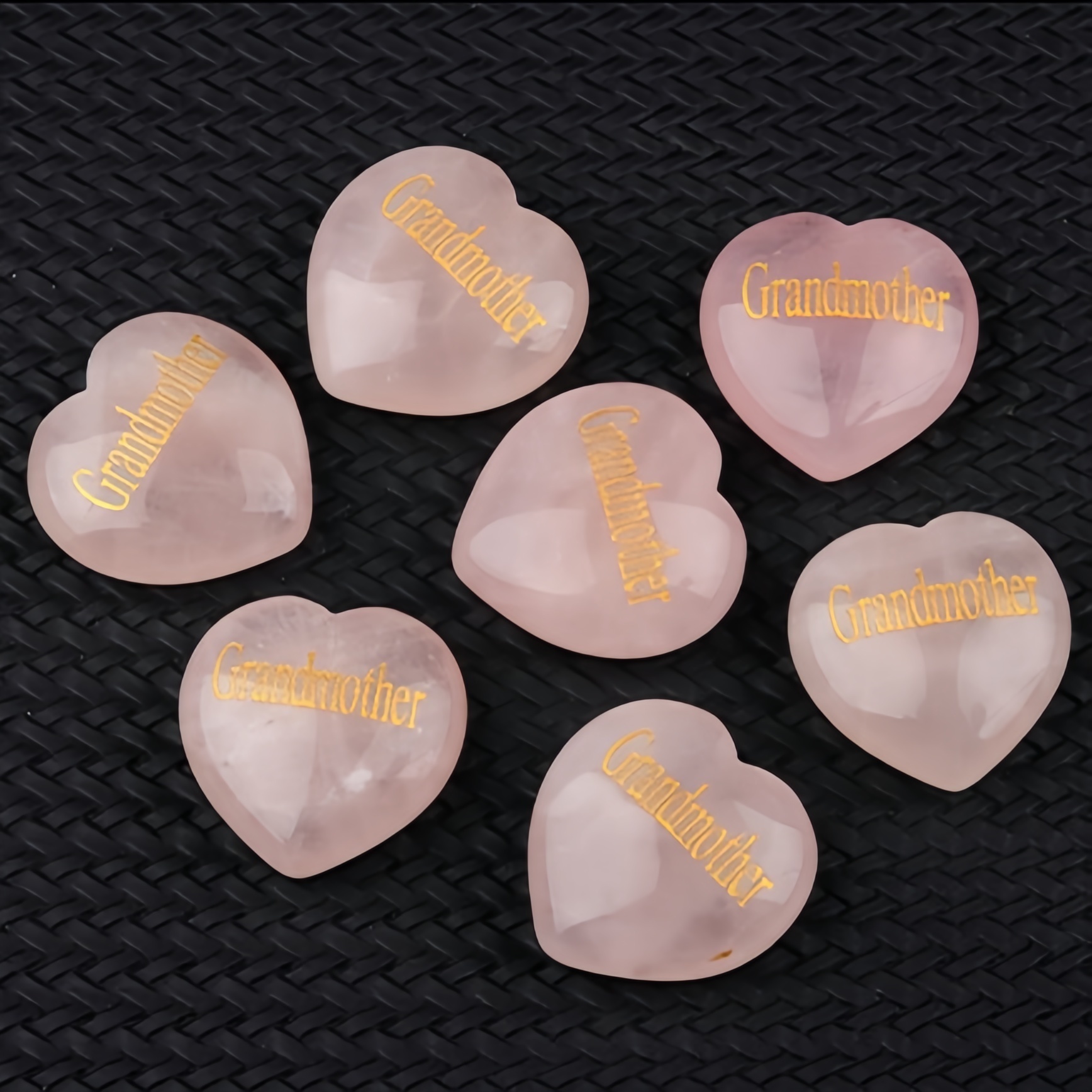 30MM Rose Quartz Heart Ornament Engraved Words kinship-Father,Grandfather,Mother,Grandmother,Uncle, Aunt,Mother,Father