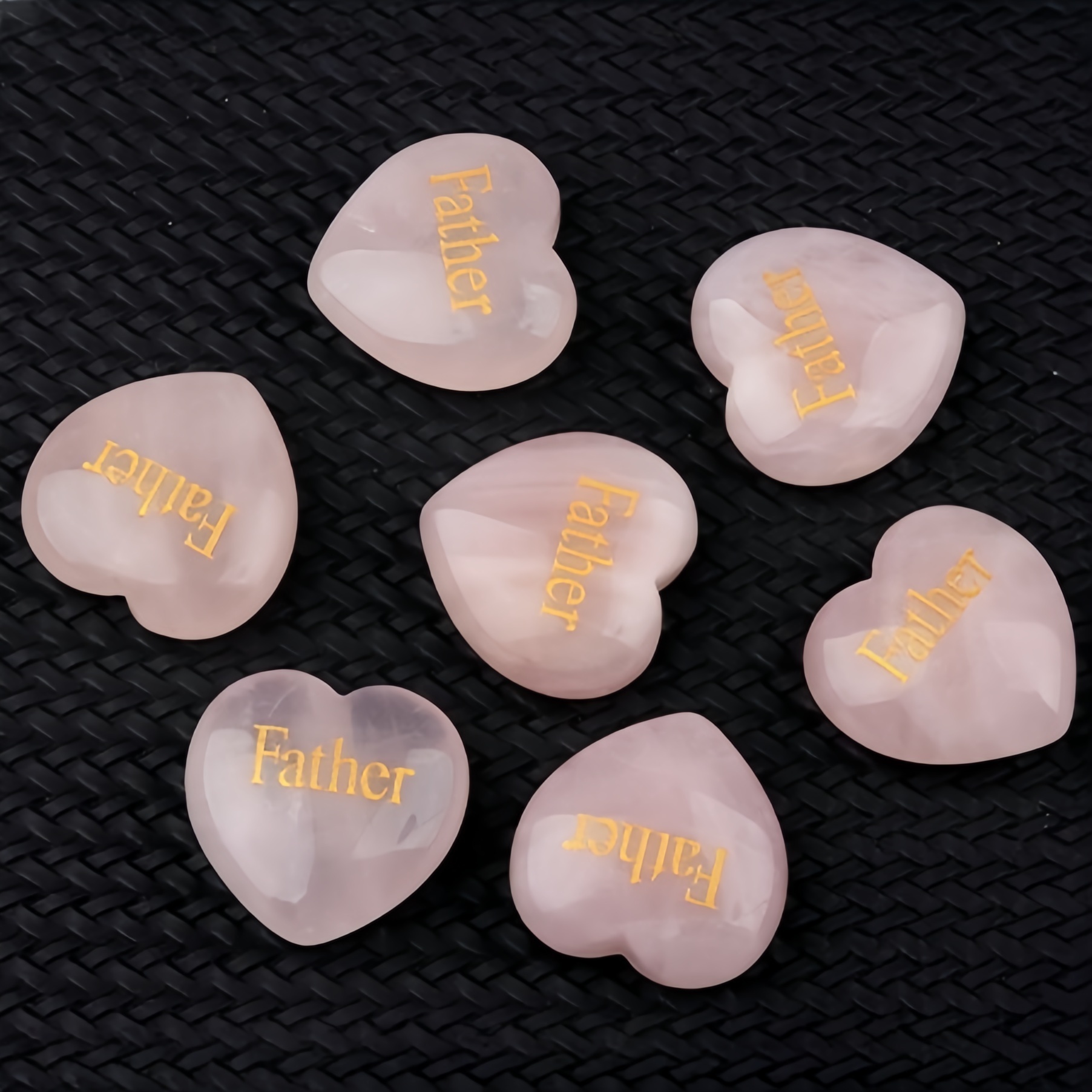 30MM Rose Quartz Heart Ornament Engraved Words kinship-Father,Grandfather,Mother,Grandmother,Uncle, Aunt,Mother,Father
