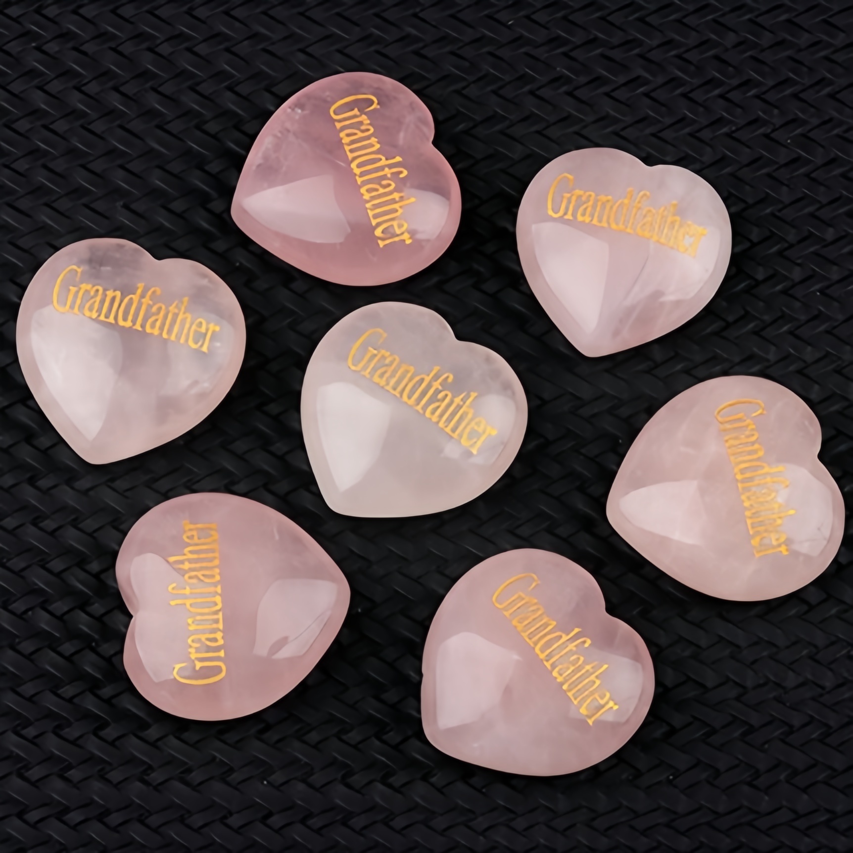 30MM Rose Quartz Heart Ornament Engraved Words kinship-Father,Grandfather,Mother,Grandmother,Uncle, Aunt,Mother,Father