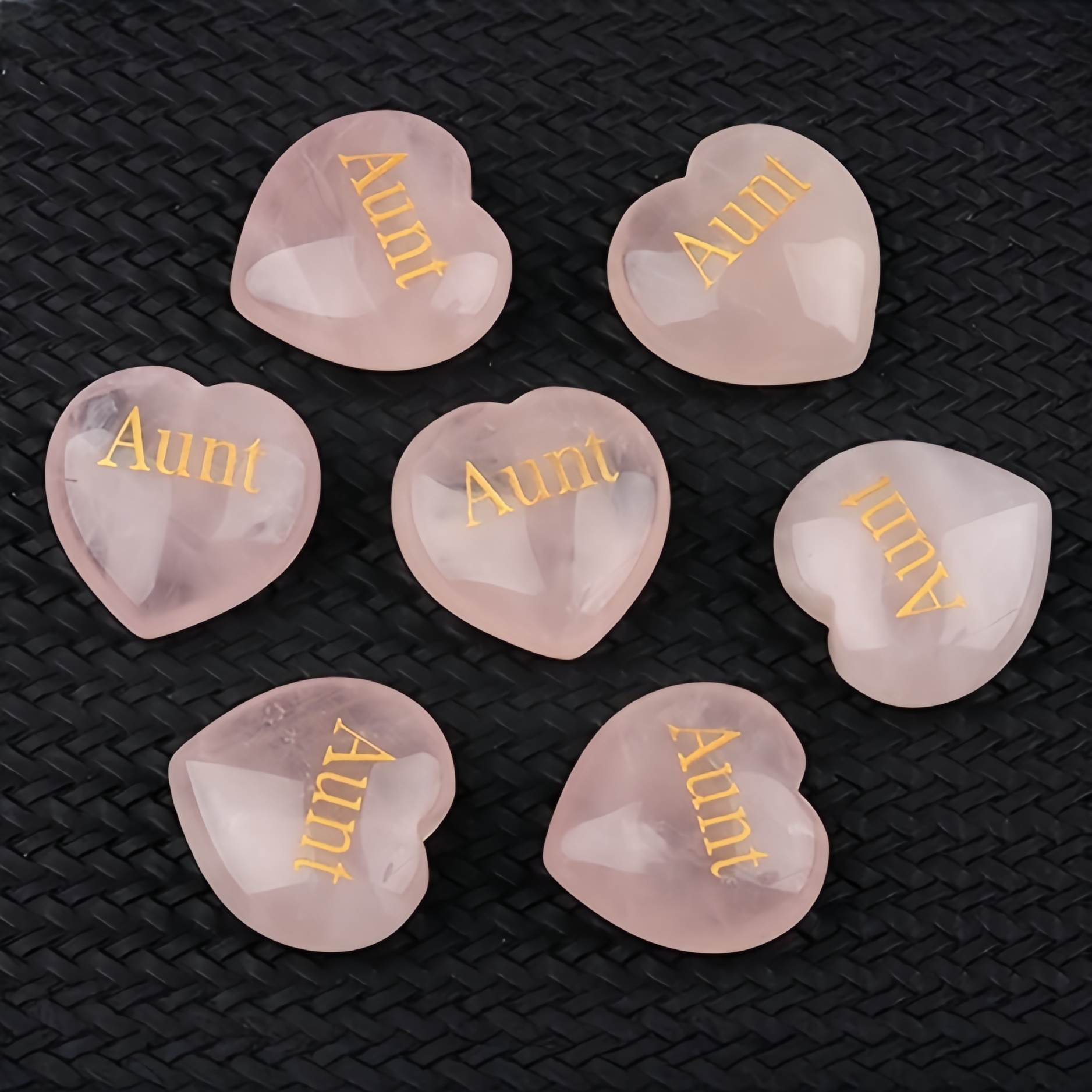 30MM Rose Quartz Heart Ornament Engraved Words kinship-Father,Grandfather,Mother,Grandmother,Uncle, Aunt,Mother,Father