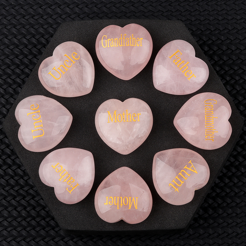 30MM Rose Quartz Heart Ornament Engraved Words kinship-Father,Grandfather,Mother,Grandmother,Uncle, Aunt,Mother,Father