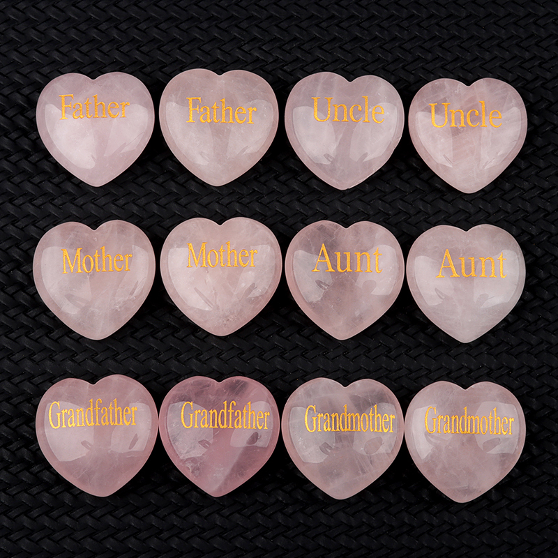 30MM Rose Quartz Heart Ornament Engraved Words kinship-Father,Grandfather,Mother,Grandmother,Uncle, Aunt,Mother,Father