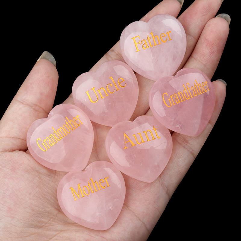 30MM Rose Quartz Heart Ornament Engraved Words kinship-Father,Grandfather,Mother,Grandmother,Uncle, Aunt,Mother,Father