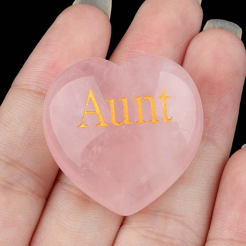 30MM Rose Quartz Heart Ornament Engraved Words kinship-Father,Grandfather,Mother,Grandmother,Uncle, Aunt,Mother,Father