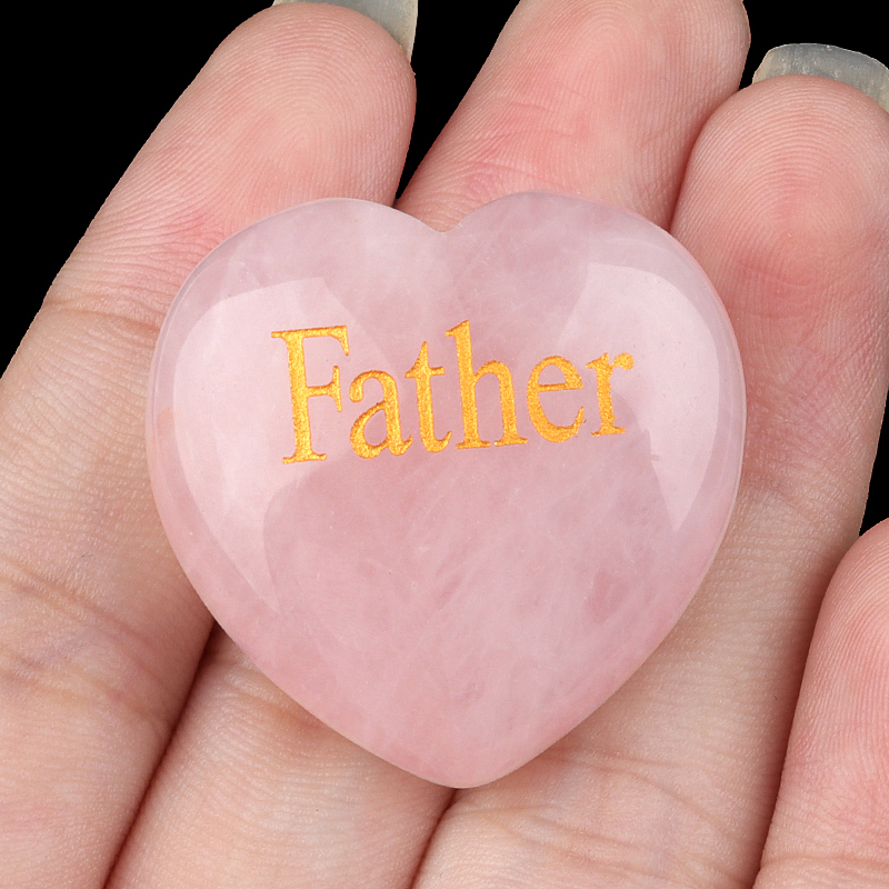 30MM Rose Quartz Heart Ornament Engraved Words kinship-Father,Grandfather,Mother,Grandmother,Uncle, Aunt,Mother,Father