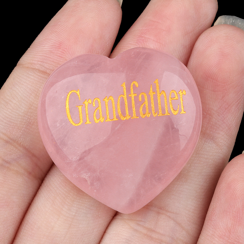 30MM Rose Quartz Heart Ornament Engraved Words kinship-Father,Grandfather,Mother,Grandmother,Uncle, Aunt,Mother,Father