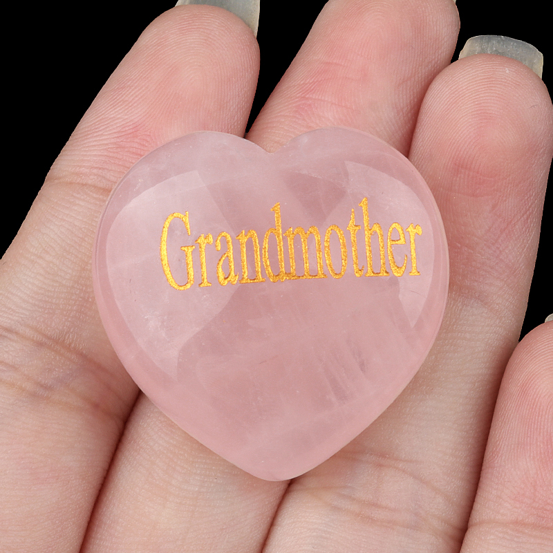 30MM Rose Quartz Heart Ornament Engraved Words kinship-Father,Grandfather,Mother,Grandmother,Uncle, Aunt,Mother,Father