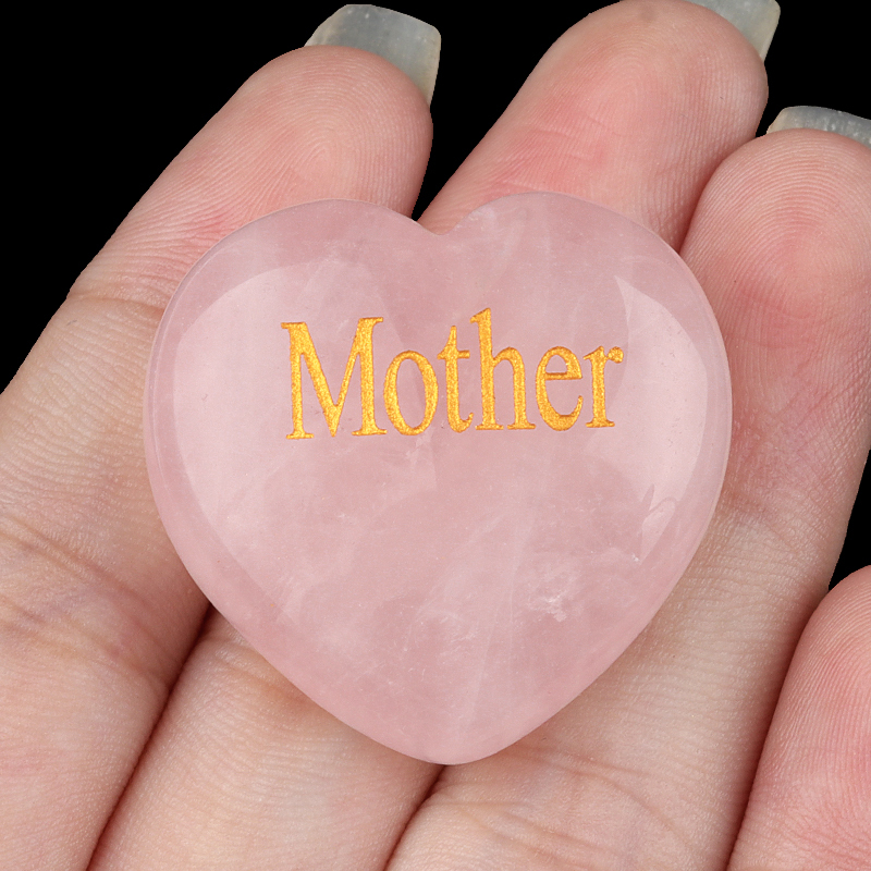 30MM Rose Quartz Heart Ornament Engraved Words kinship-Father,Grandfather,Mother,Grandmother,Uncle, Aunt,Mother,Father