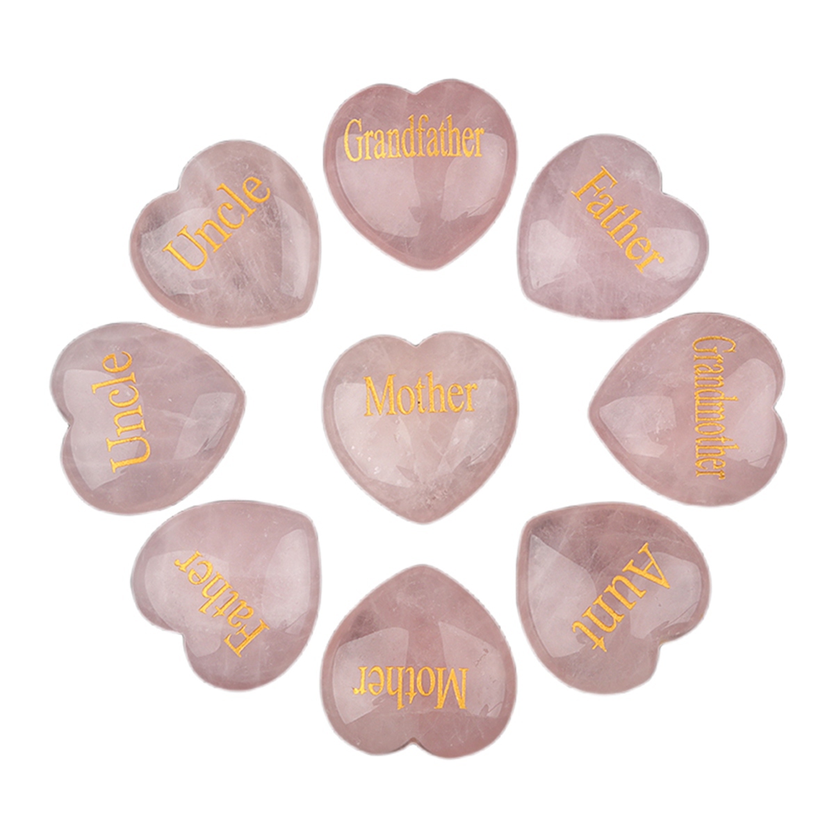 30MM Rose Quartz Heart Ornament Engraved Words kinship-Father/Grandfather/Mother/Grandmother/Uncle/ Aunt/Mother/Father