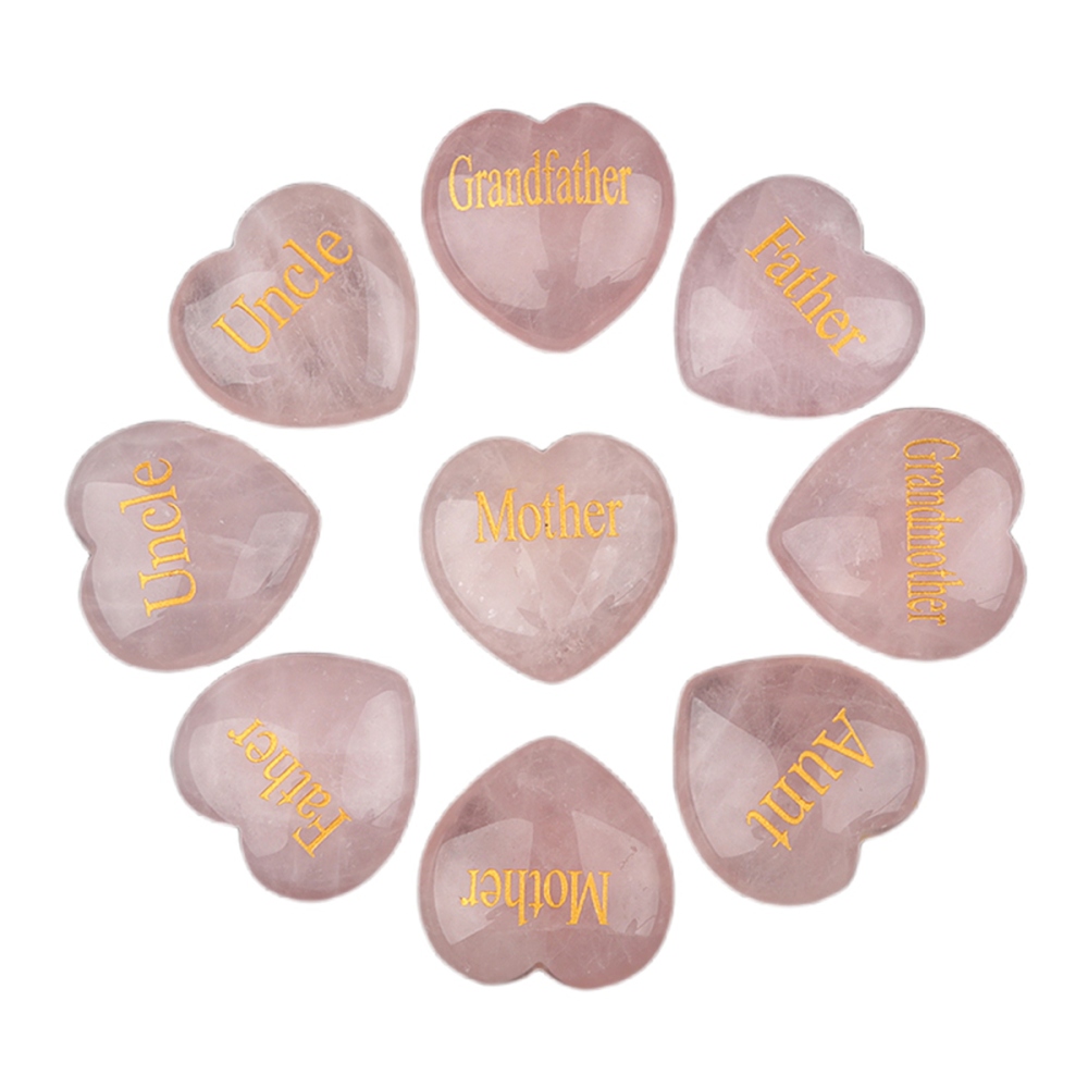 30MM Rose Quartz Heart Ornament Engraved Words kinship-Father/Grandfather/Mother/Grandmother/Uncle/ Aunt/Mother/Father
