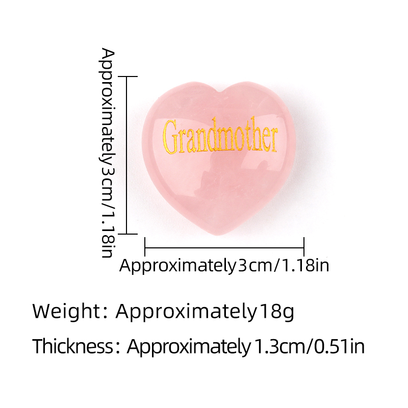 30MM Rose Quartz Heart Ornament Engraved Words kinship-Father,Grandfather,Mother,Grandmother,Uncle, Aunt,Mother,Father