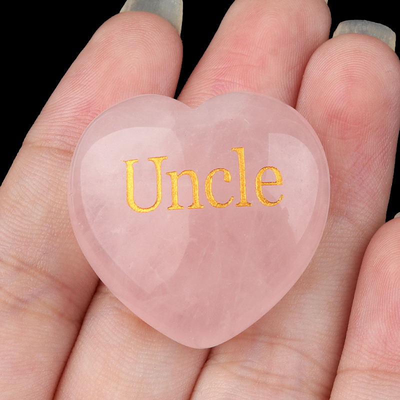 30MM Rose Quartz Heart Ornament Engraved Words kinship-Father,Grandfather,Mother,Grandmother,Uncle, Aunt,Mother,Father
