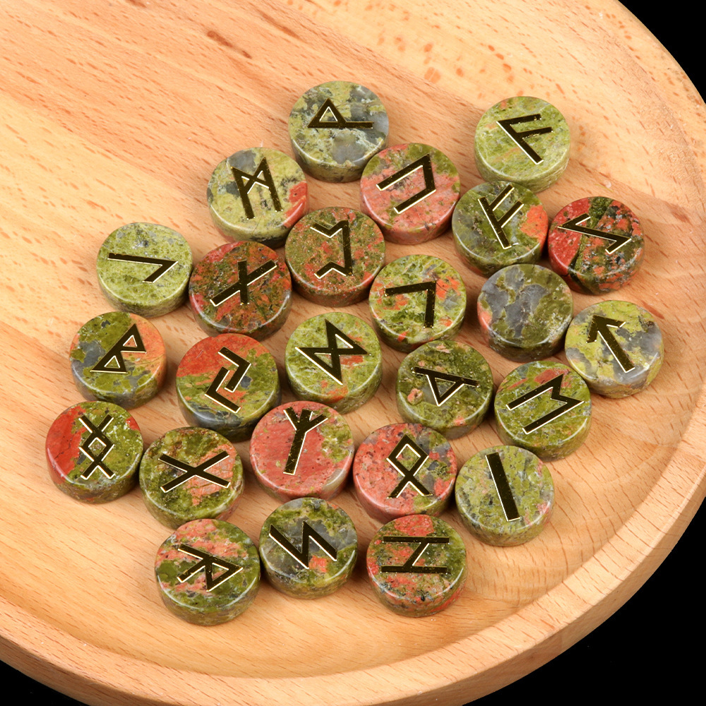 18mm Disc Runes Set of 25 Engraved Rune Stones with Guide Book Velvet Bag for Beginners,Witchcraft/Divination/Meditation/Spiritual