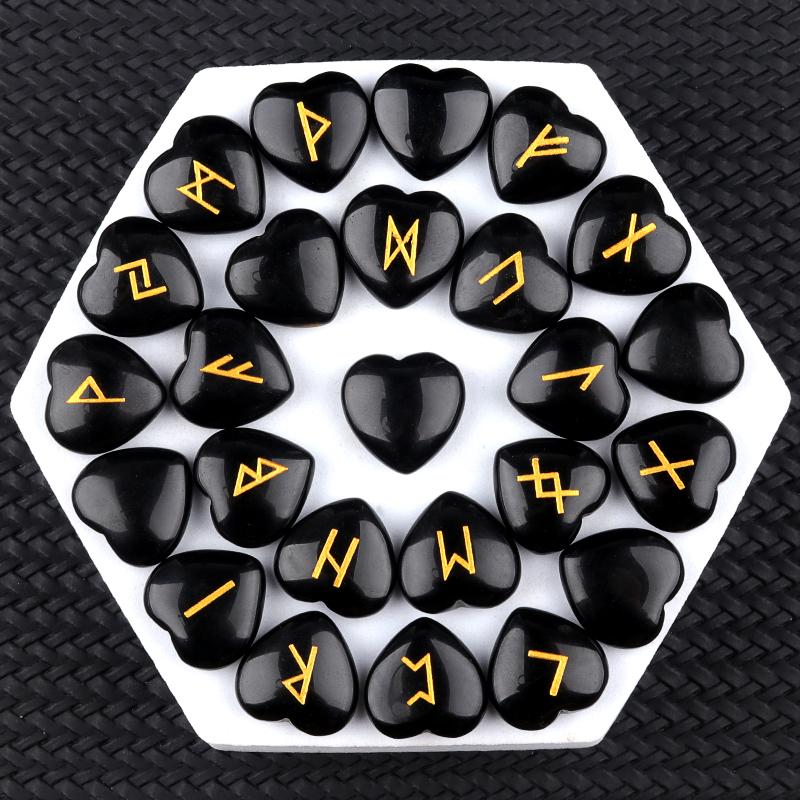 20MM Heart Runes Set of 25 Engraved Rune Stones with Guide Book Velvet Bag for Beginners,Witchcraft/Divination/Meditation/Spiritual