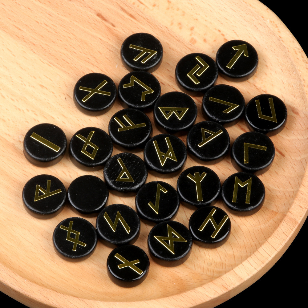 18mm Disc Runes Set of 25 Engraved Rune Stones with Guide Book Velvet Bag for Beginners,Witchcraft/Divination/Meditation/Spiritual