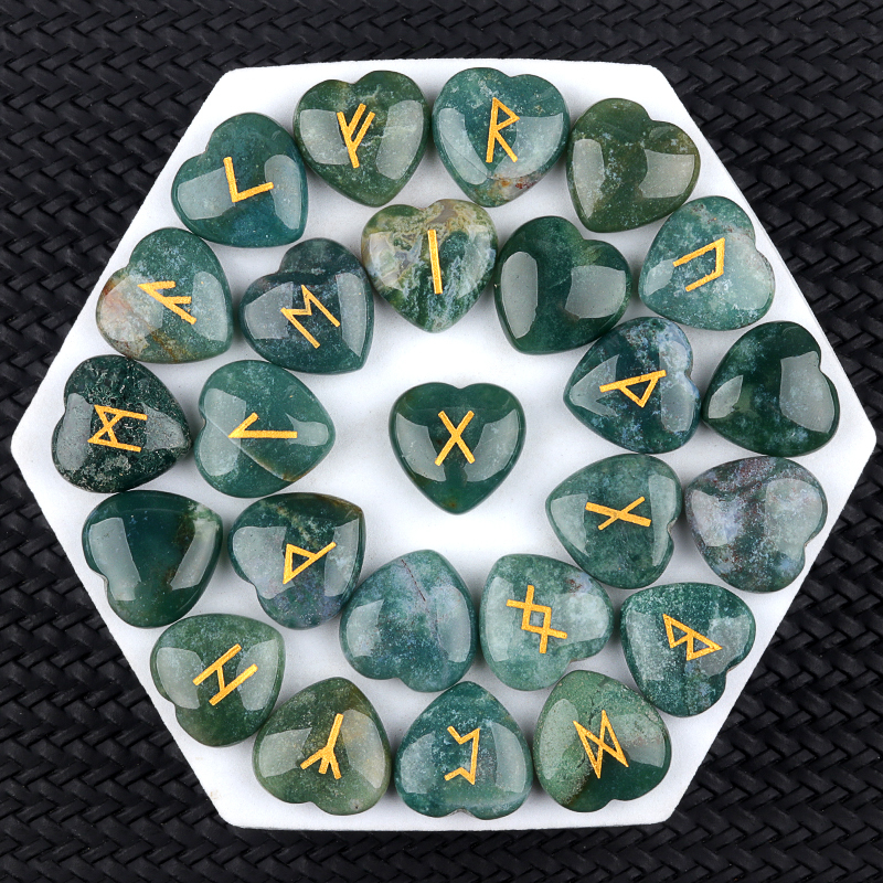 20MM Heart Runes Set of 25 Engraved Rune Stones with Guide Book Velvet Bag for Beginners,Witchcraft/Divination/Meditation/Spiritual