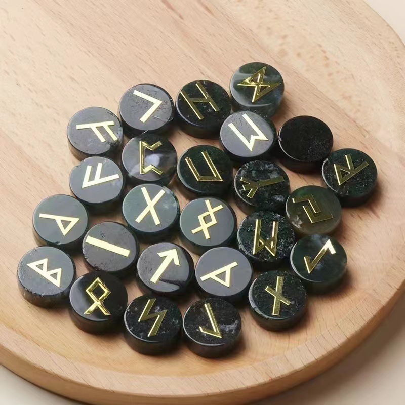 18mm Disc Runes Set of 25 Engraved Rune Stones with Guide Book Velvet Bag for Beginners,Witchcraft/Divination/Meditation/Spiritual