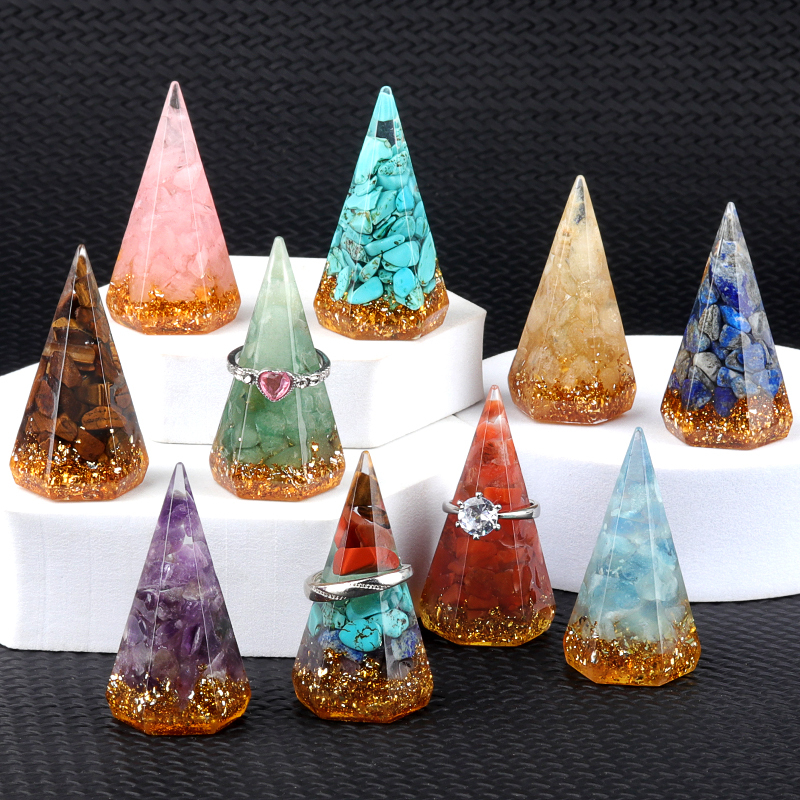 Gemstone Ring Holder Tower Chip Stone Jewelry Display Stand Resin Point Hexagonal Cone Decorative Wedding Storage