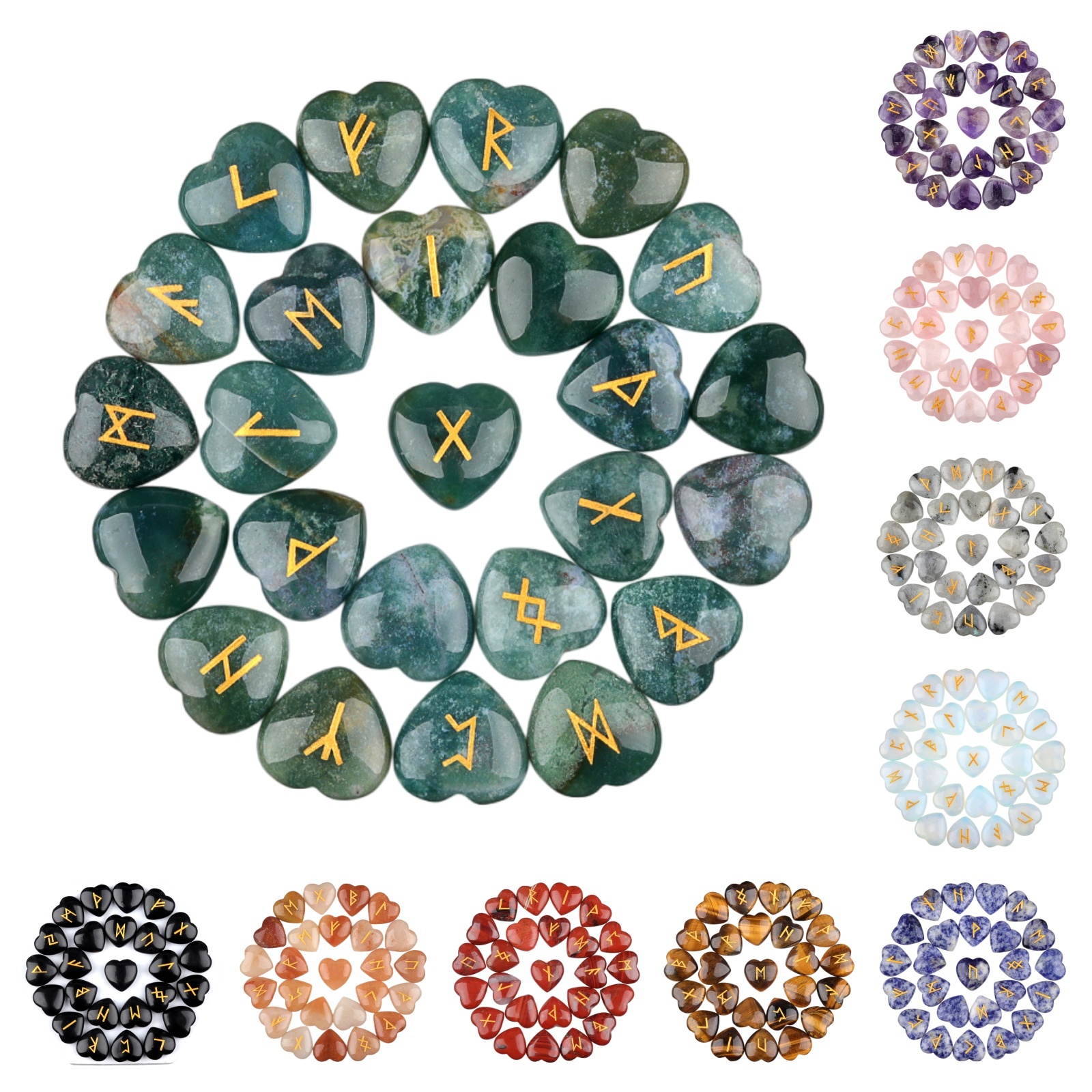 20MM Heart Runes Set of 25 Engraved Rune Stones with Guide Book Velvet Bag for Beginners,Witchcraft/Divination/Meditation/Spiritual