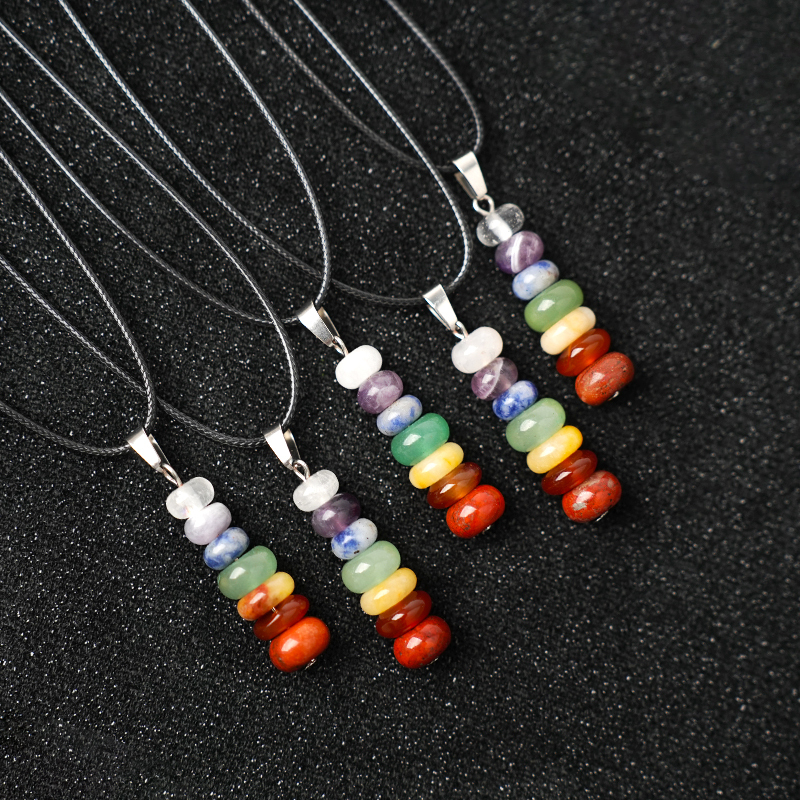 7 Chakra Stone Abacus Beads Pendant Necklace 45CM Black Cord