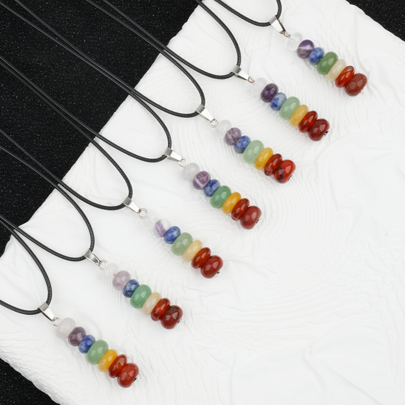 7 Chakra Stone Abacus Beads Pendant Necklace 45CM Black Cord