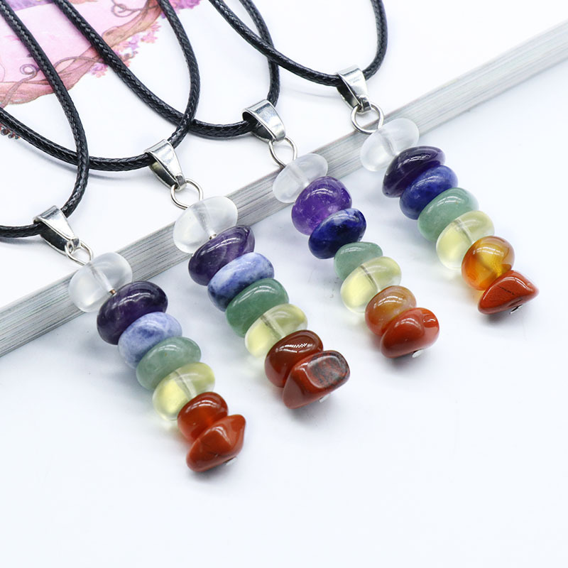 7 Chakra Stone Abacus Beads Pendant Necklace 45CM Black Cord
